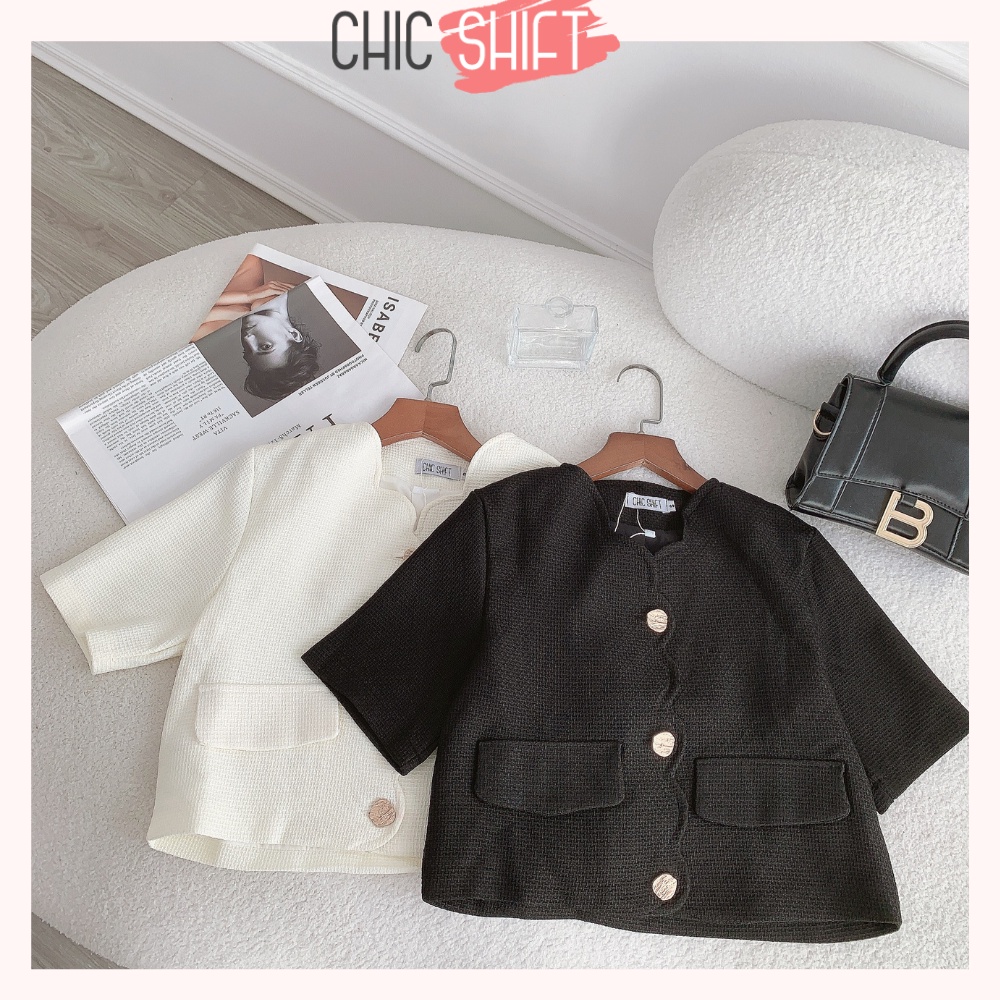 Áo kiểu vải dạ Tweed dáng croptop ngắn tay viền cổ cách điệu cánh hoa dễ phối đồ