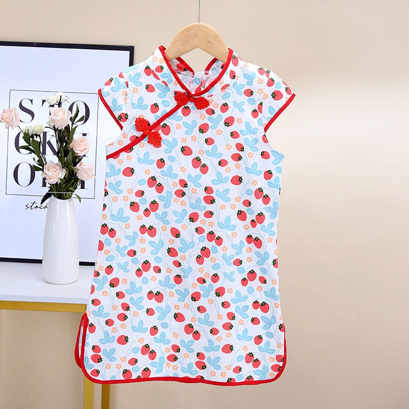 Đầm sườn xám in hoa phong cách Trung Hoa thời trang mùa hè 2021 cho bé gái