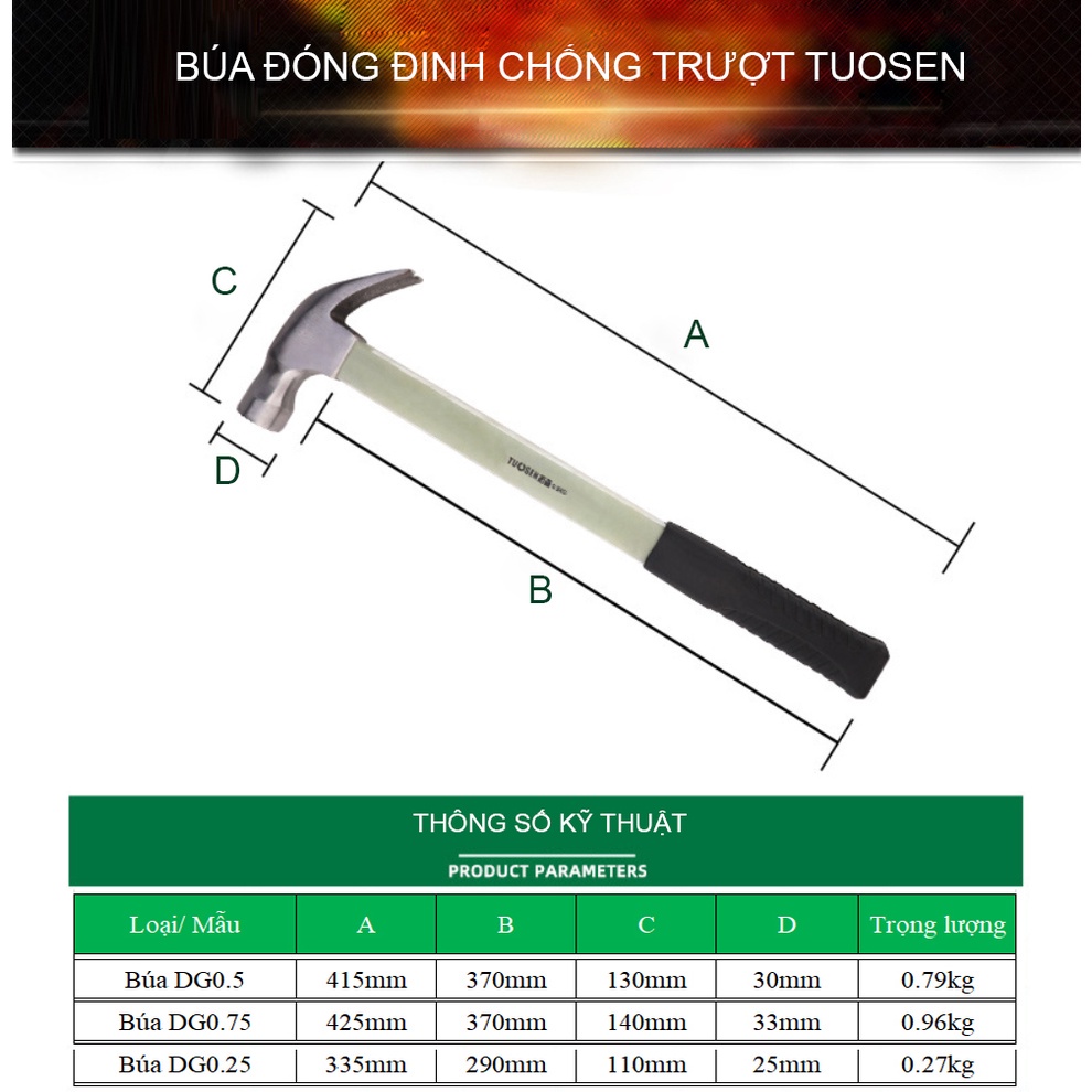 ❤️FREESHIP❤️ Búa đóng đinh chống trượt 0.25kg, 0.5kg vaf 0.75kg, Búa nhổ đinh, Búa đa năng Tuosen