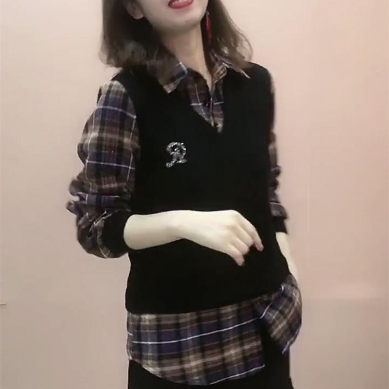 Áo Sơ Mi Giả Hai Lớp Họa Tiết Sọc Caro Thời Trang Xuân Thu Cho Nữ | BigBuy360 - bigbuy360.vn