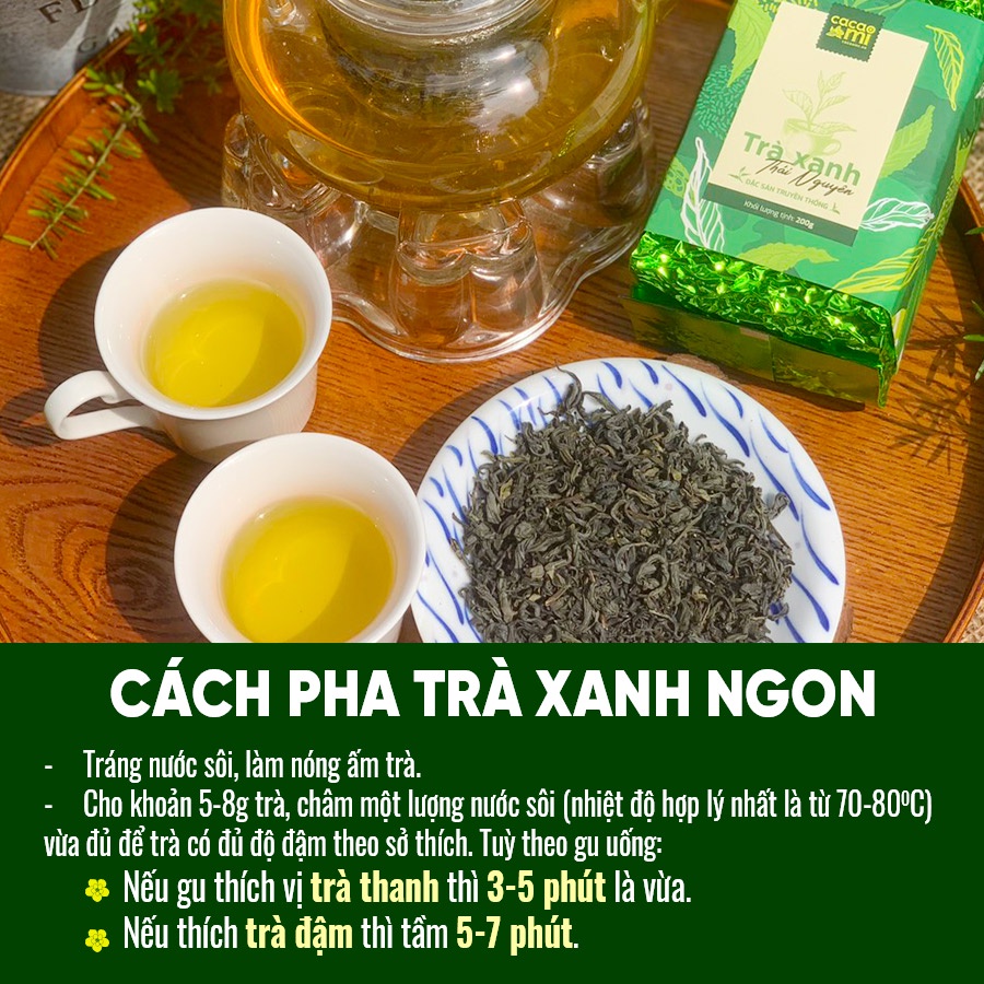 Trà xanh Tân Cương Thái Nguyên CACAOMI chè bắc loại ngon, đặc sản truyền thống Việt Nam làm quà biếu tặng 200g