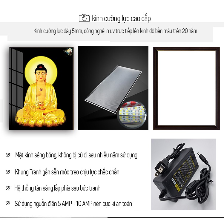 Tranh Điện Phật Giáo -  Dược Sư Lưu Ly Phật , nhiều size,kính cường lực cao cấp, tặng kèm adapter nguồn điện.