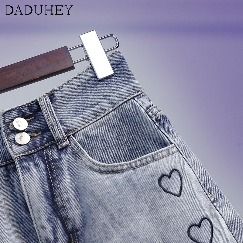 Chân váy jean Lưng Cao Dáng Chữ A Thêu Họa Tiết Trái Tim Xinh Xắn Thời Trang Mùa Hè Cho Nữ