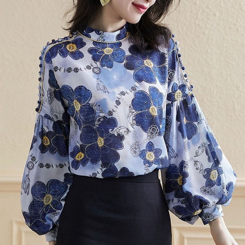 Áo chiffon tay phồng dáng rộng in họa tiết Size M-3XL màu xanh dương / hồng cho nữ