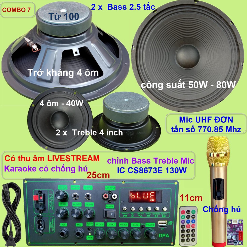 Combo loa kéo 2.5 tấc đôi CS8673E 130W Thu âm Livestream Karaoke có chống hú chỉnh Bass Treble Micro  nguồn xung 220V