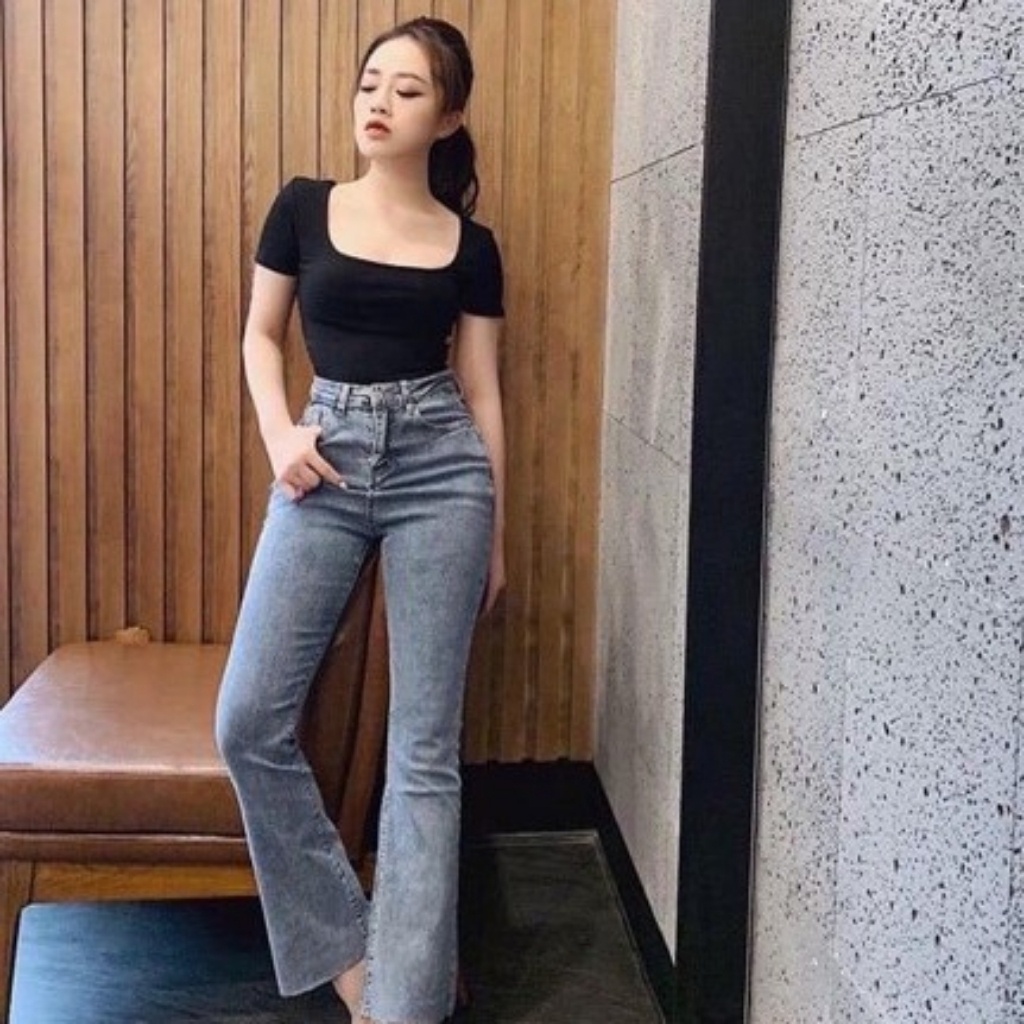 Áo thun cổ vuông nữ tay ngắn croptop chất bozip co giãn 4 chiều màu đen trắng thời trang DUMISA | BigBuy360 - bigbuy360.vn