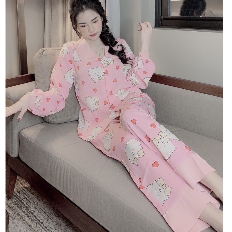 Đồ bộ nữ pijama lụa ngủ dễ thương mặc nhà dài tay quần dài mango cao cấp JUSOKA