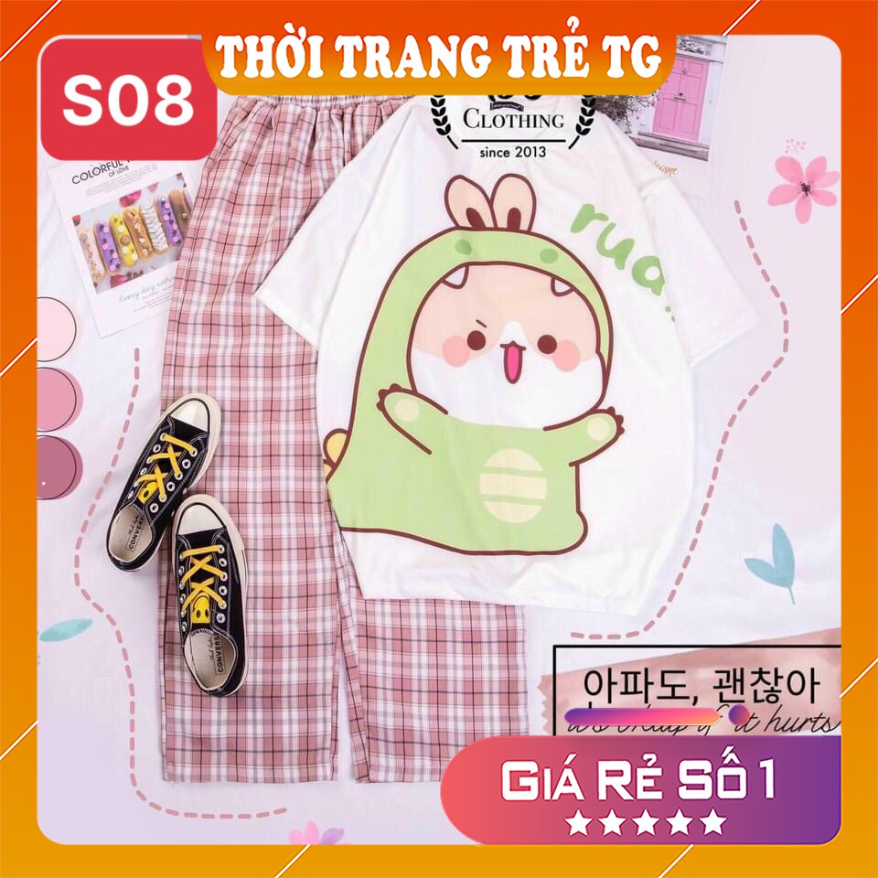 Đồ bộ nữ 𝑭𝒓𝒆𝒆𝒔𝒉𝒊𝒑 Set Đồ Bộ Quần Sọc Caro Ống Rộng S22 Hình Khủng Long Cute Freesize Form Rộng Cực Thoáng Mát