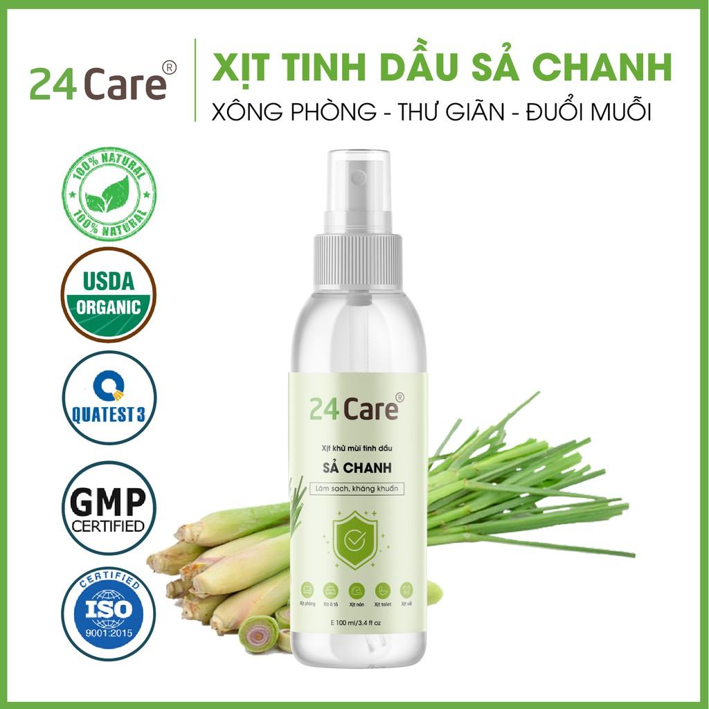 Xịt khử mùi thơm phòng Sả Chanh 24Care 100ml - kháng khuẩn, khử mùi hôi, đuổi muỗi, côn trùng