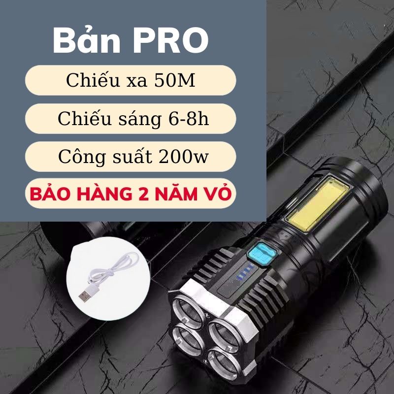 Đèn Pin Siêu Sáng Cầm Tay Chiếu Xa 4 Chế Độ Sáng Tiện Dụng, Có COB Đèn LED, Đèn Pin Mini 4 Bóng