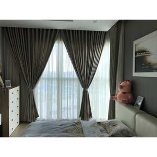 Set rèm cửa sổ - Vải chống nắng HQ màu xám - thanh treo rèm màu trắng