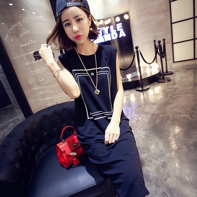 [Baywellfashion]Đầm thun không tay cổ tròn dáng rộng in họa tiết đơn giản dành cho nữ | BigBuy360 - bigbuy360.vn