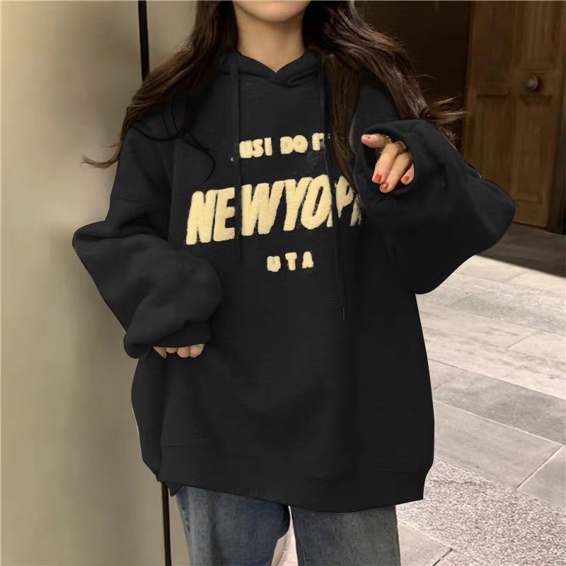 Áo hoodie nữ form rộng NEWYOPK màu xám đen trắng chất nỉ bông, áo hoodie form rộng unisex nam nữ thời trang