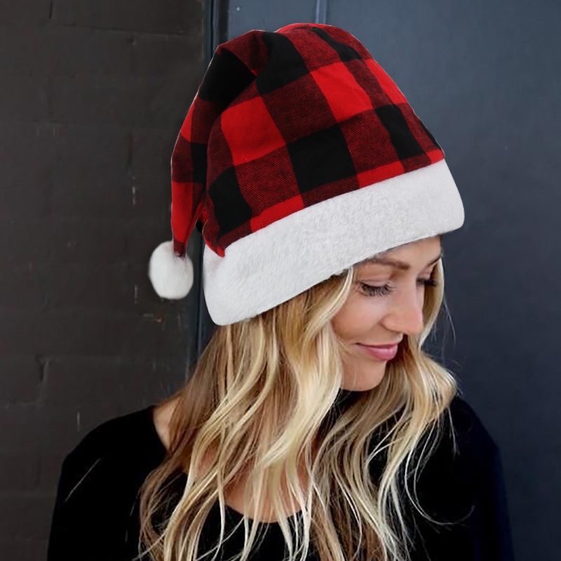 Mũ ông già noel phối vải lông họa tiết kẻ sọc ca rô màu đen/ màu đỏ đáng yêu