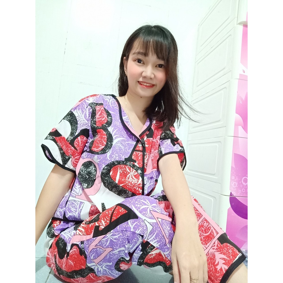 (40-55kg) Bộ pijama lụa hàn quần dài, áo ngắn tay hình thật 100%