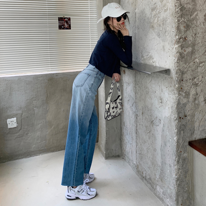 Quần Jean Dài Lưng Cao Dáng Rộng Màu Gradient Thời Trang Mùa Thu Trẻ Trung