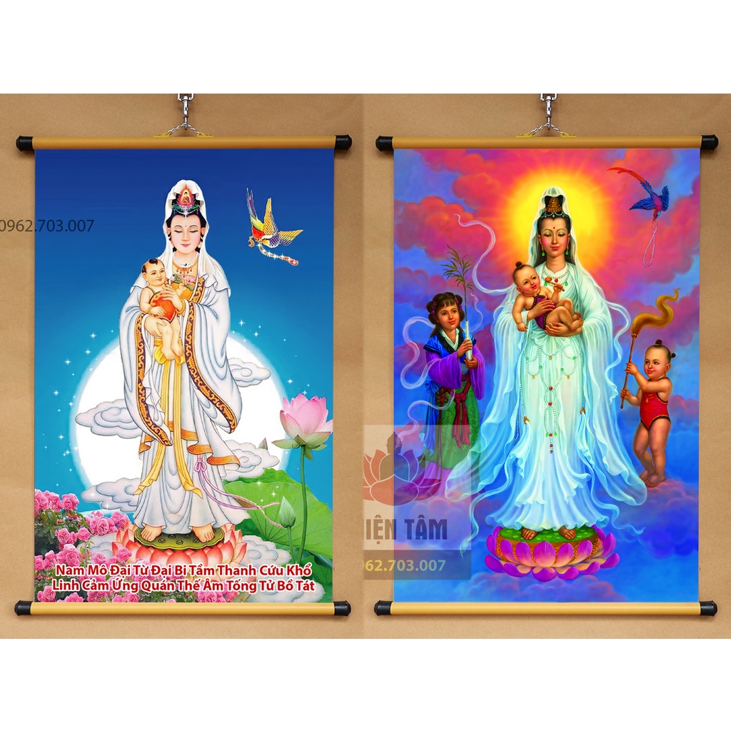 Tranh quan âm bồ tát em bé 40x60cm chất liệu vải phủ bóng cao cấp dày dặn
