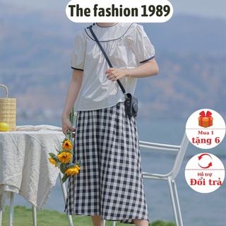 Chân váy dài vintage, chân váy vải thô kẻ ô vuông ulzzang phong cách vintage