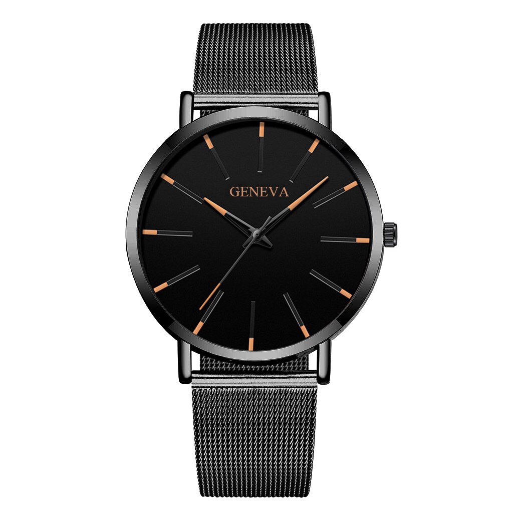 GENEVA Watch Men Black Stainless Steel Mesh Belt Business Quartz Watch