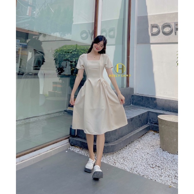 ĐẦM MIDI CỔ U TÚI HÔNG XẾP LY TAY BỒNG