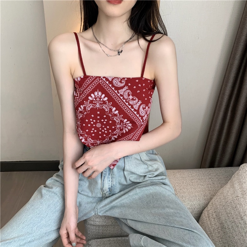 A004 Yếm thổ cẩm dân tộc đen trắng croptop nữ ngắn Hàn Quốc 2s Áo hai dây body thun phông crt dạo phố mặc nhà đi biển