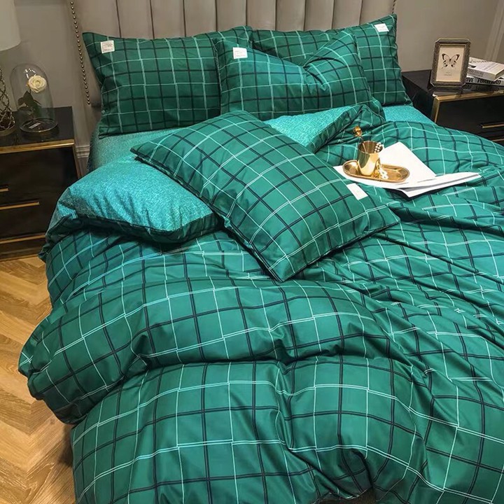 Bộ chăn ga gối drap giường chất cotton poly họa tiết kẻ xanh lá đạm