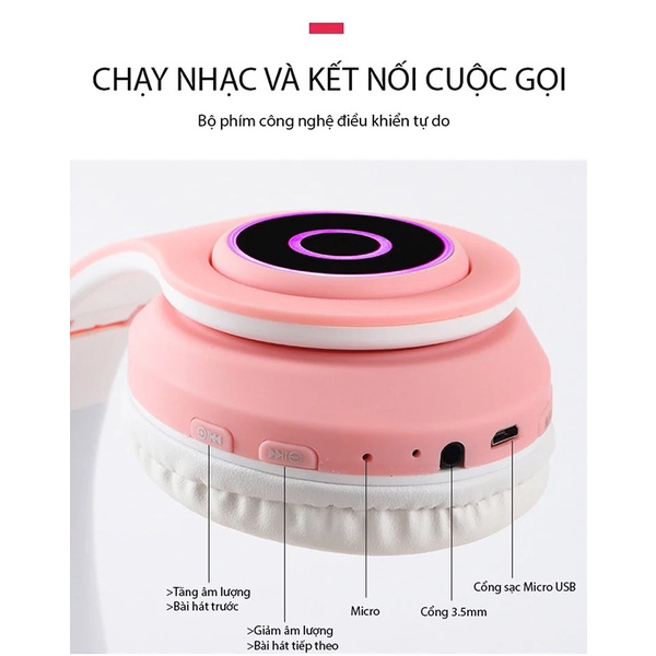 Tai Nghe Mèo Bluetooth - Headphone Tai Mèo Dễ Thương Có Mic - Âm Bass Mạnh Mẽ Và Dung Lượng Pin Khủng 400mAh BH 12 Tháng