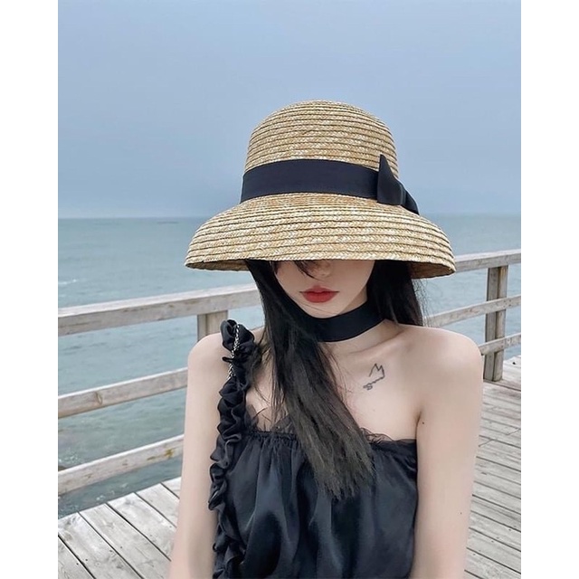 Mũ cói sợi lúa mì phom cứng, nón chuông nơ dễ thương