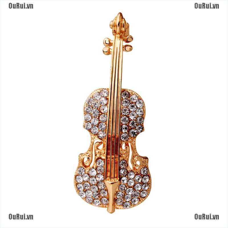 {FCC}Trâm cài hình cây đàn violin mạ vàng bạc đính đá thời trang{OuRui.vn}