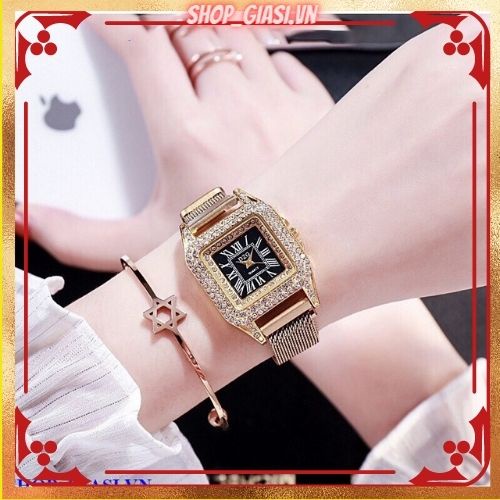 Đồng hồ thời trang nữ DZG dây lưới nam châm mặt chữ nhật đính đá cực đẹp