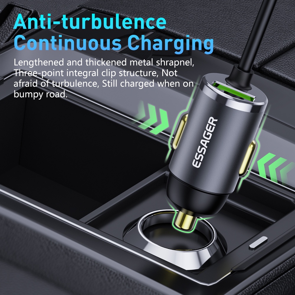 Tẩu sạc xe hơi ESSAGER PD QC3.0 dài 1.5m với dây cáp kép bằng hợp kim nhôm cho tất cả các dòng điện
