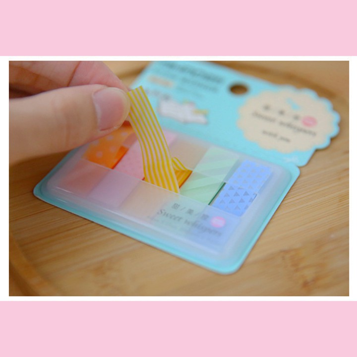 HCM - Hộp bookmark nhựa 5 tệp chấm bi, sọc, tam giác pastel kiểu Hàn chặn sách kiêm ghi chú note