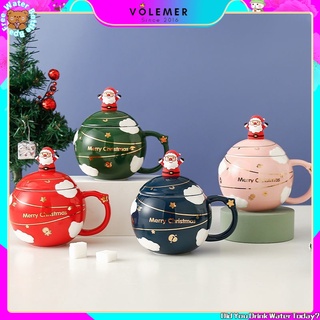 Cốc uống nước bằng gốm có nắp và muỗng họa tiết giáng sinh