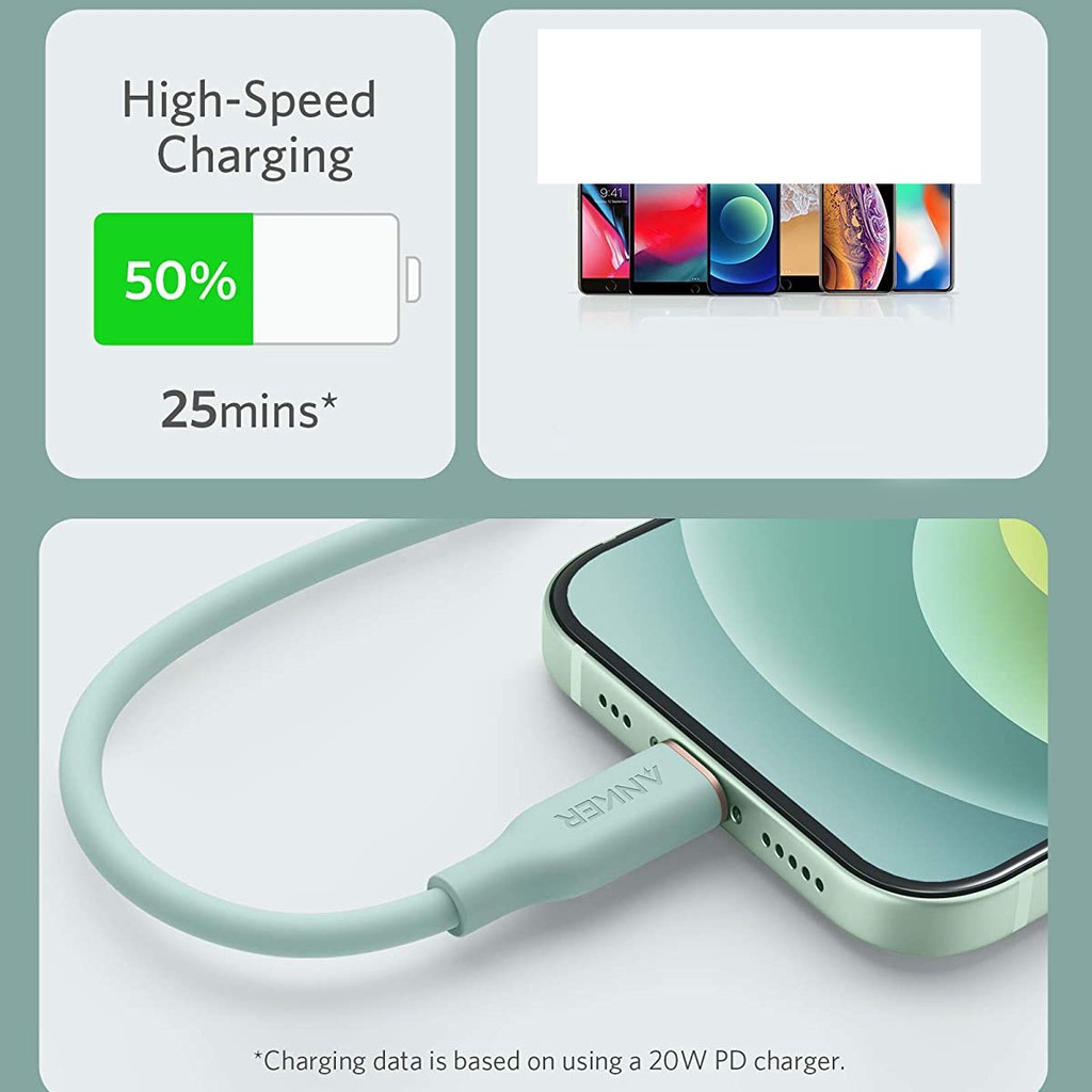 Dây sạc nhanh 20W ANKER Powerline III Flow Type C To Lighting Sạc nhanh PD 18W 30W - A8662 dài 0.9 Mét A8663 dài 1.8 Mét