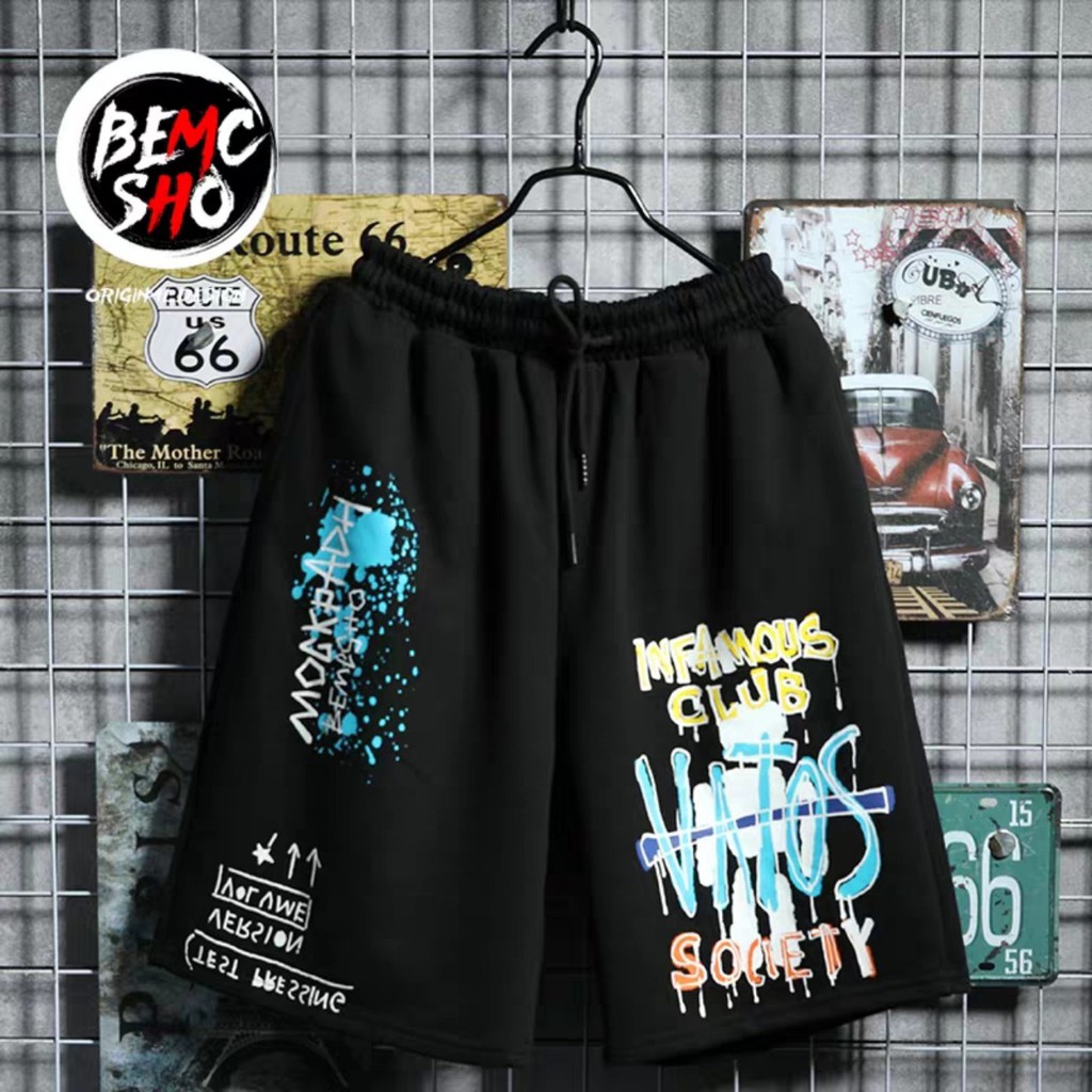Quần đùi nam quần short thun thể thao mặc nhà DHL kiểu dáng unisex ống rộng freesize oversize trắng đen