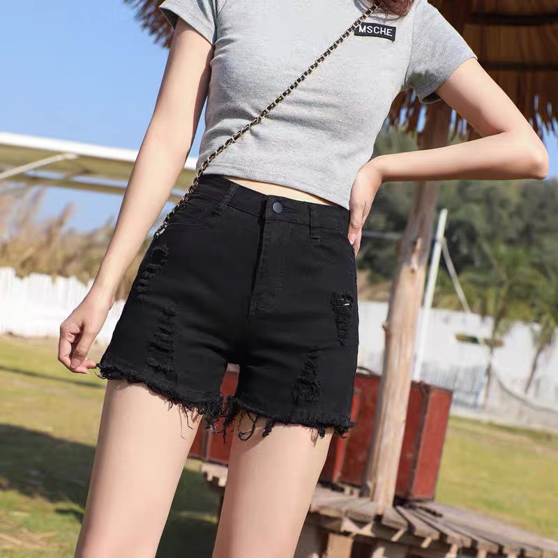 Quần short jean nữ BigSize màu đen tuyền và xám lông chuột, lưng cao, co dãn mạnh, tua lai rách 3833