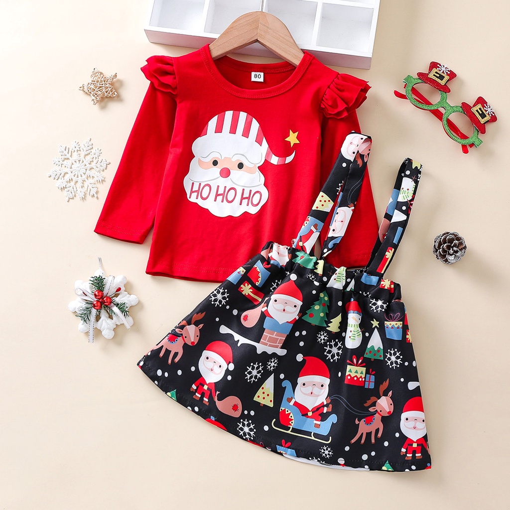 Set Đồ 2 Món Gồm Áo Thun Tay Dài In Họa Tiết Ông Già Noel Và Váy Yếm Cho Bé Gái
