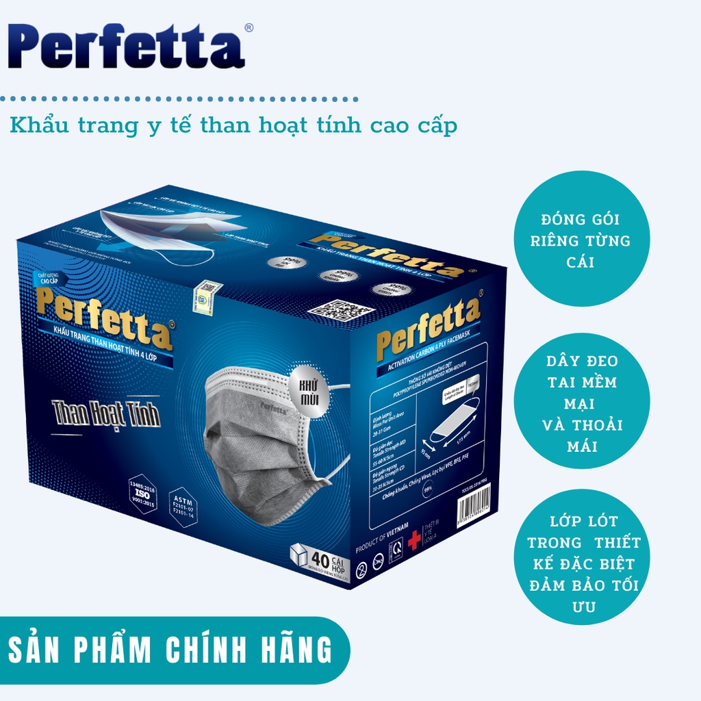 Hộp / 40 Cái Khẩu trang 4 lớp than hoạt tính Perfetta Carbon khử mùi đóng gói riêng từng cái