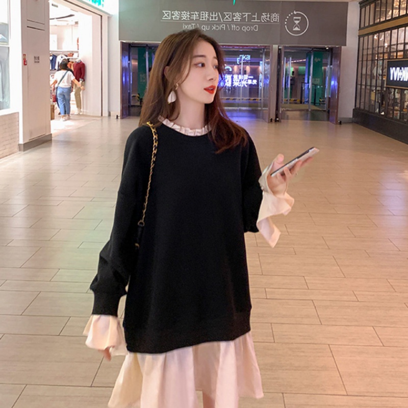 Đầm dài tay dáng rộng phối màu trơn phong cách Hàn Quốc trẻ trung