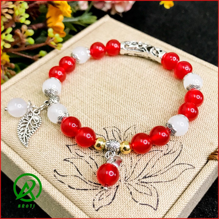 Vòng Tay Nữ - Vòng Tay Nữ Mã Não Trắng Mix Mã não Đỏ 8mm Charm Cầu V364-8