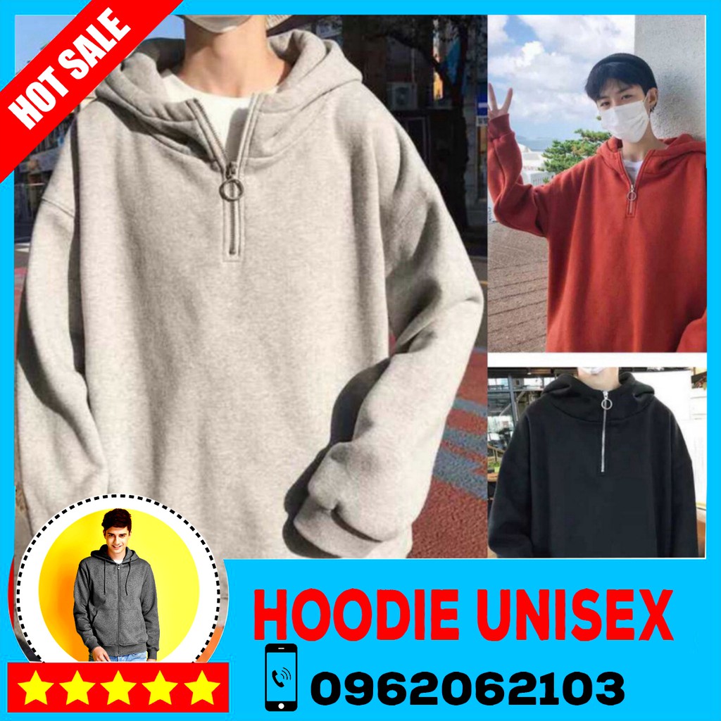 (HOOIDE) Áo Hoodie Trơn Phối Zip 3 Màu 4size M,L,XL,XXL ( kèm ảnh thật )