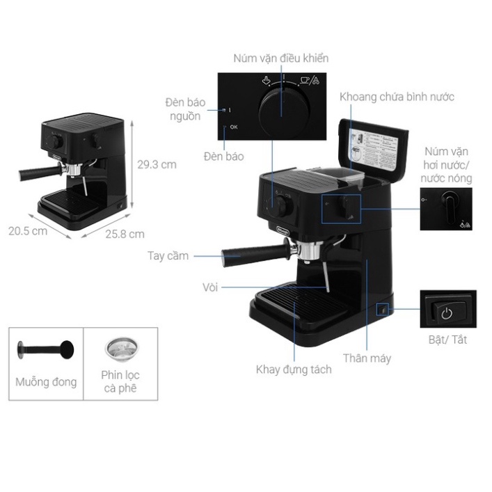 Máy pha cà phê Espresso cao cấp, công suất 1100W. Thương hiệu Delonghi - EC235.BK (Bảo hành: 1 Năm Chính Hãng) {CHÍNH HÃ