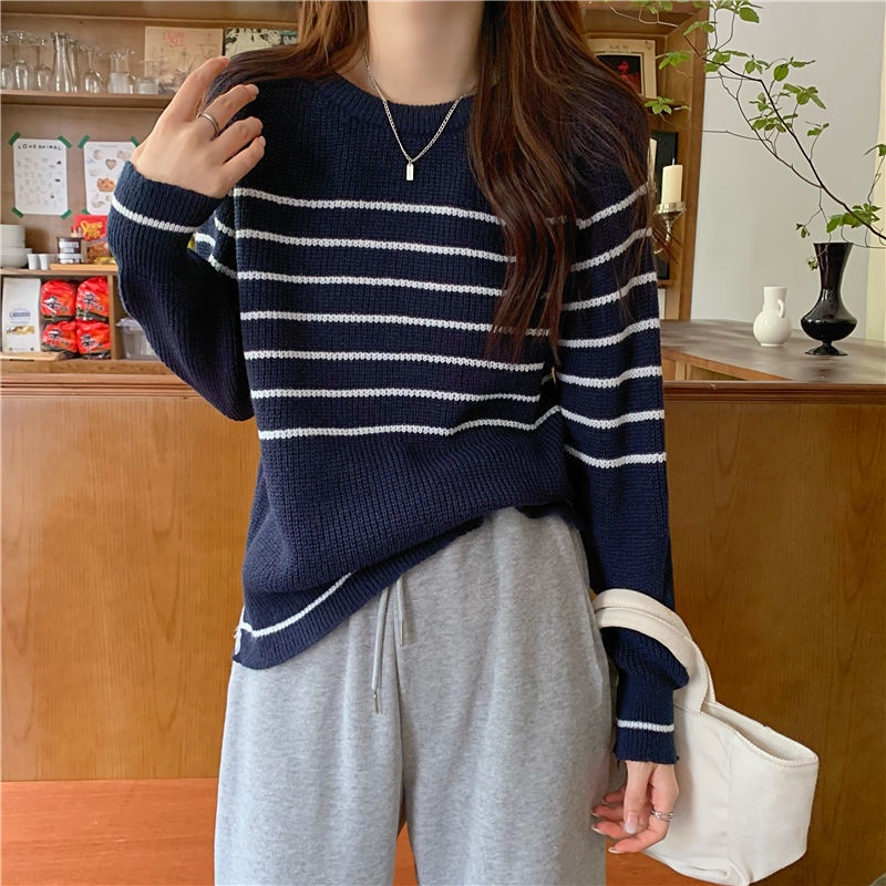 Áo Len Dài Tay Dáng Rộng Họa Tiết Kẻ Sọc Phong Cách Lười Biếng Mới