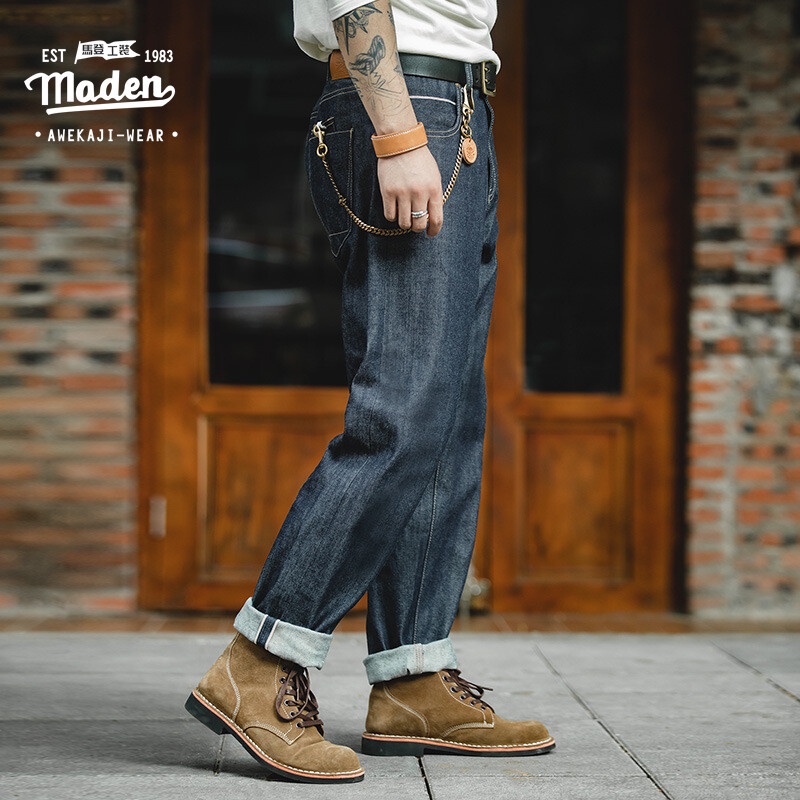 Maden tooling men's autumn and winter Japanese retro 13.5oz denim red ear original cow straight denim trousers