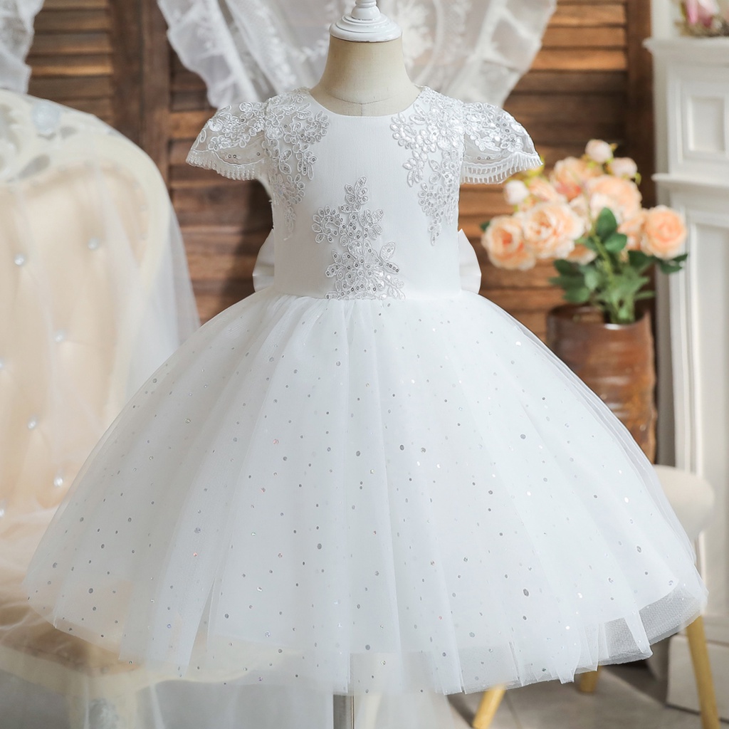 Đầm Dự Tiệc Sinh Nhật 1 Tuổi Họa Tiết Bướm Phối Ren Hoa Dành Cho Bé Gái