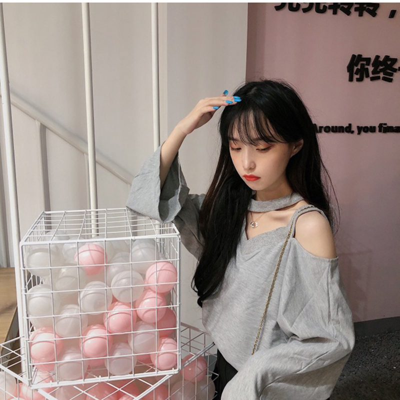 IELGY Áo Thun Tay Dài Hở Vai Cổ Chữ V Màu Sắc Trơn Phong Cách Hàn Quốc Dành Cho Nữ