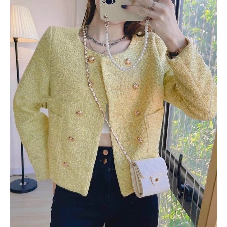 Áo khoác dạ tweed vàng cúc đồng túi ngang hai lớp