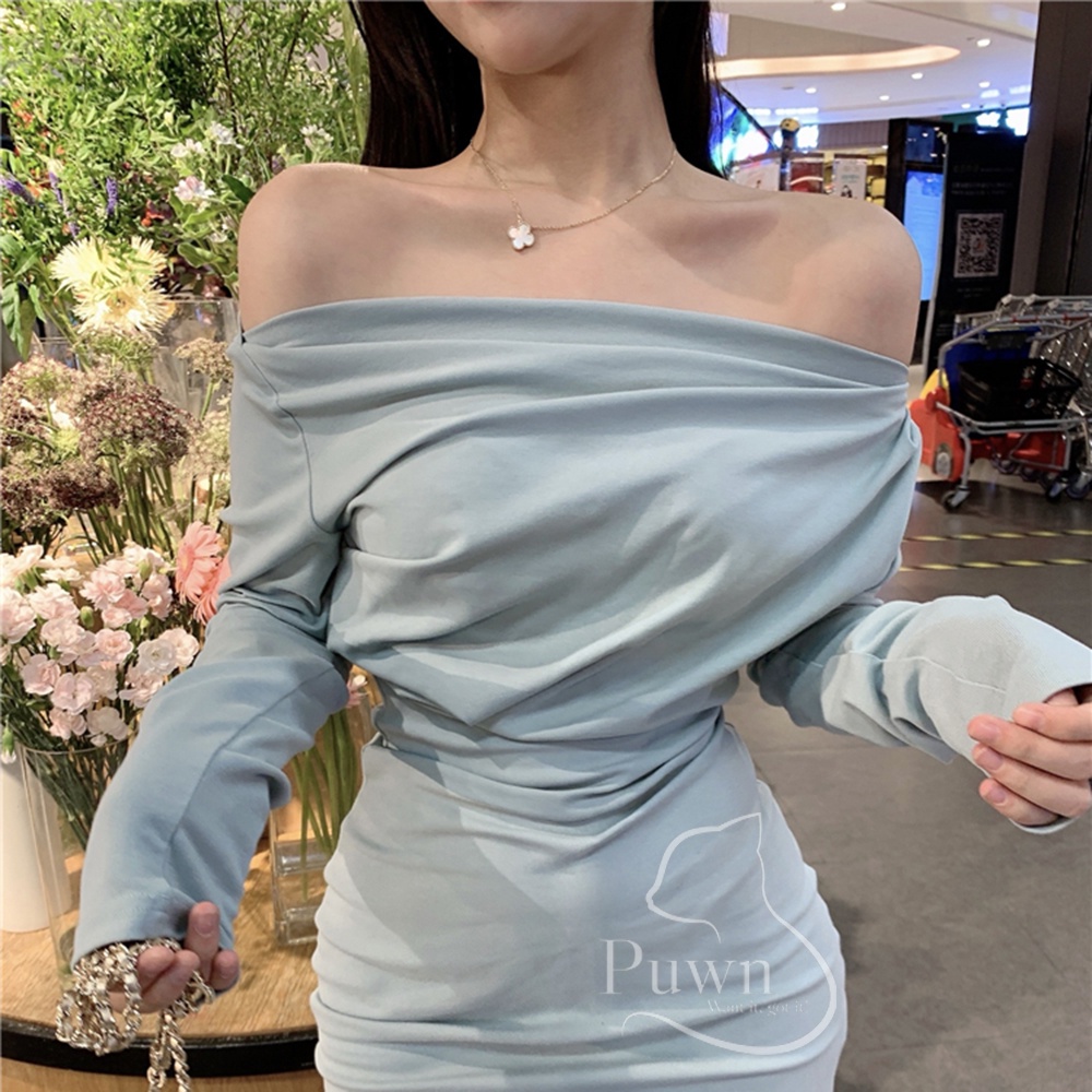 Váy body trễ vai xanh thanh lịch Puwn Shop