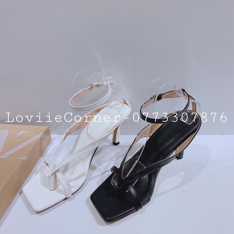 LOVIIECORNER - GIÀY SANDAL NỮ CAO GÓT THỜI TRANG QUAI MÃNH XỎ NGÓN CHÉO KIỂU ĐẾ NHỌN 9CM 2 MÀU ĐEN TRẮNG  LOVIIE G200522