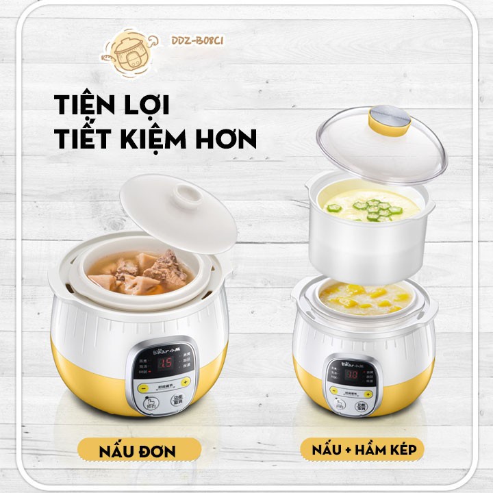 Nồi nấu cháo chậm/Nồi hầm đa năng Bear 0.8l - Kèm lồng hấp- Bảo Hành 18 tháng
